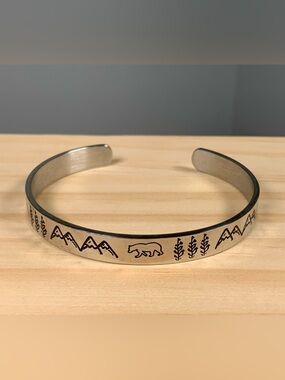 Silver Tone Mountain & Bear Engraved Cuff Bracelet